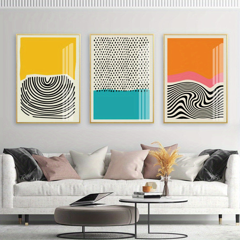 3pcs Modern Abstract Color Blocks Line Poster - Vibrant Geometric Print Canvas Wall Art for Living Room Decor - No Frame, Easy to Hang, High-Quality Print, Modern Home Decoration