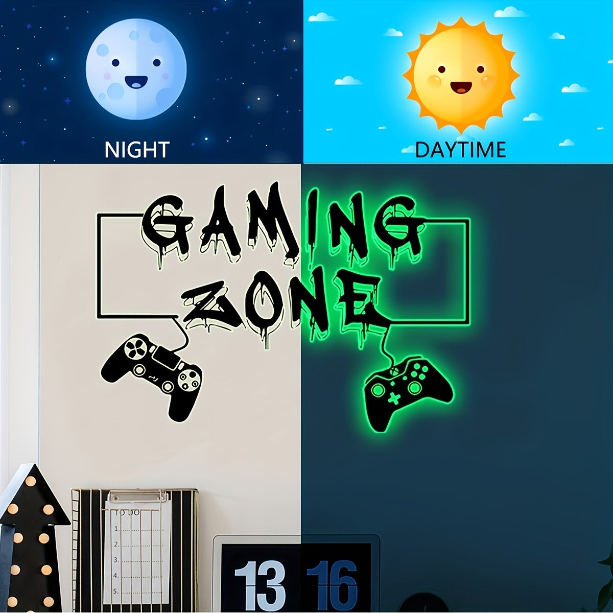 1pc Glow-in-the-Dark Game Controller Wall Decal - Creative Self-Adhesive PVC Sticker for Bedroom & Living Room Decor, English, Fluorescent