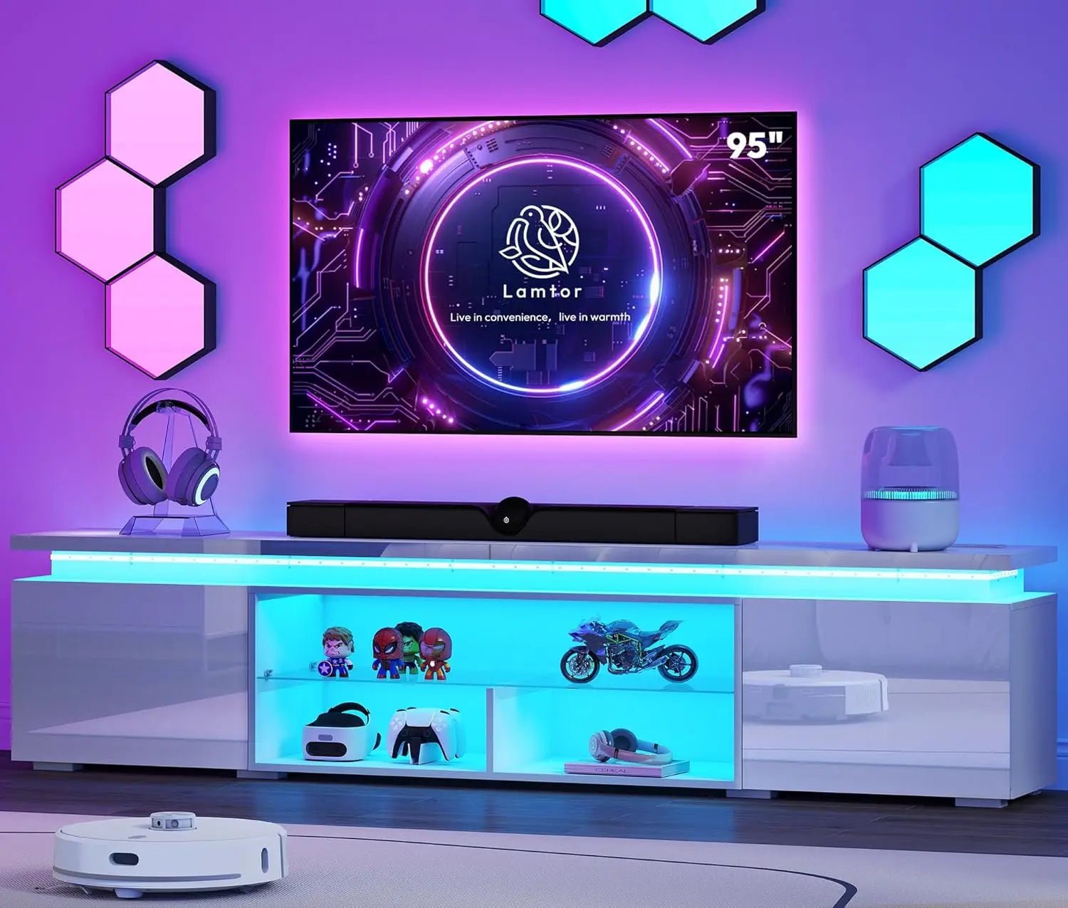 100 Inch TV Stand Entertainment Center Dynamic LED Lights High Gloss Storage Cabinets Living Room, Customized - Home surplus Home surplus 14:10White;200007763:201336106