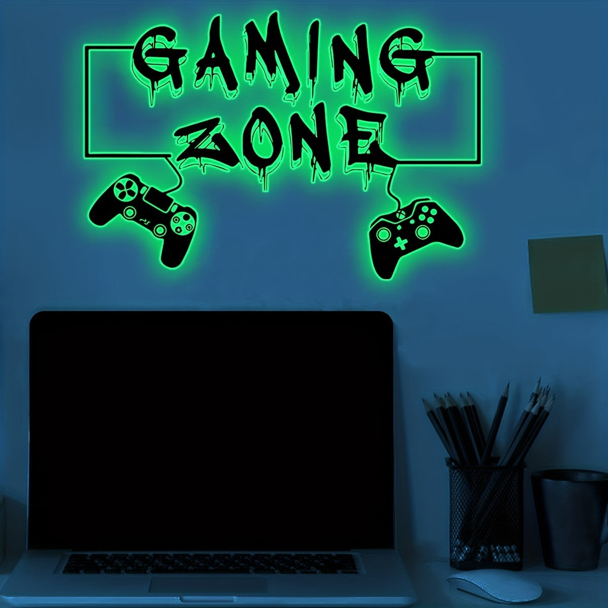 1pc Glow-in-the-Dark Game Controller Wall Decal - Creative Self-Adhesive PVC Sticker for Bedroom & Living Room Decor, English, Fluorescent