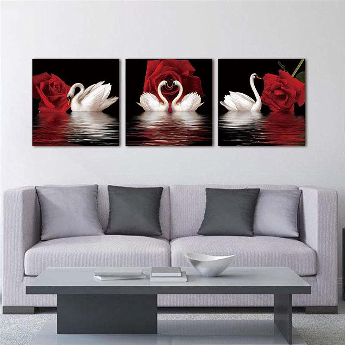 3pcs/set Romantic Swans and Red Rose Canvas Wall Art for Living Room, Bedroom, and Office Decor - Beautiful and Elegant Design - No Frames Needed