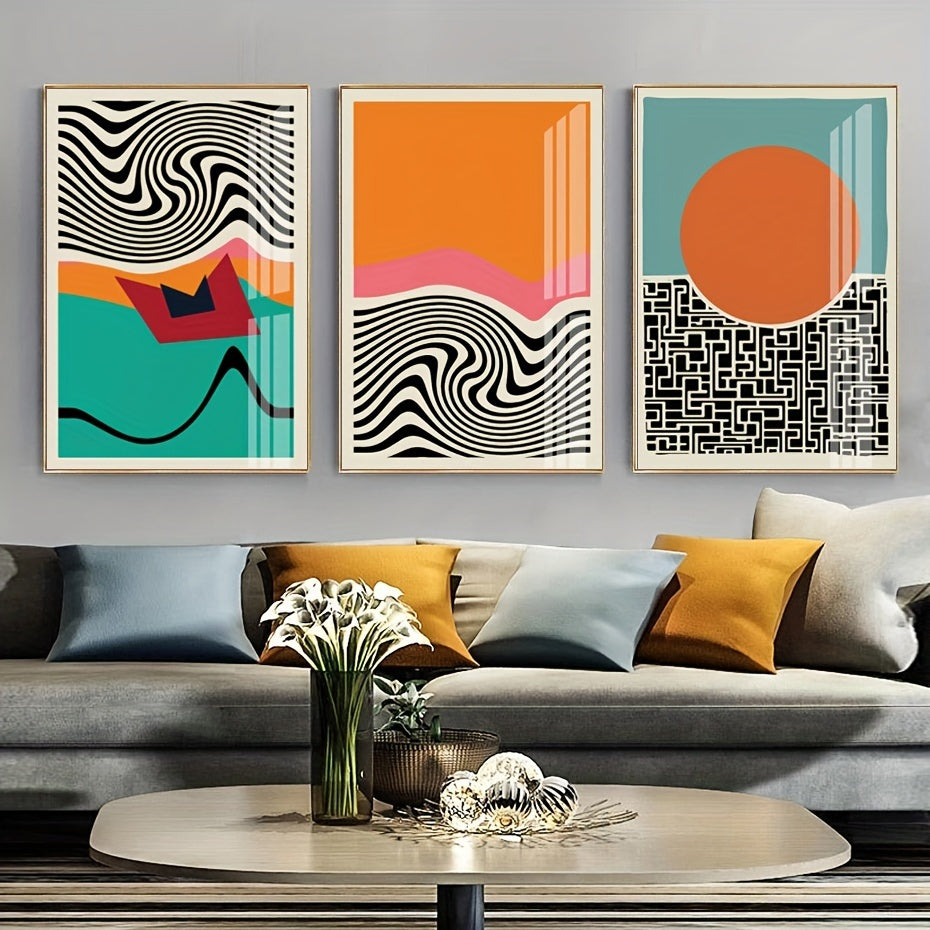 3pcs Modern Abstract Color Blocks Line Poster - Vibrant Geometric Print Canvas Wall Art for Living Room Decor - No Frame, Easy to Hang, High-Quality Print, Modern Home Decoration