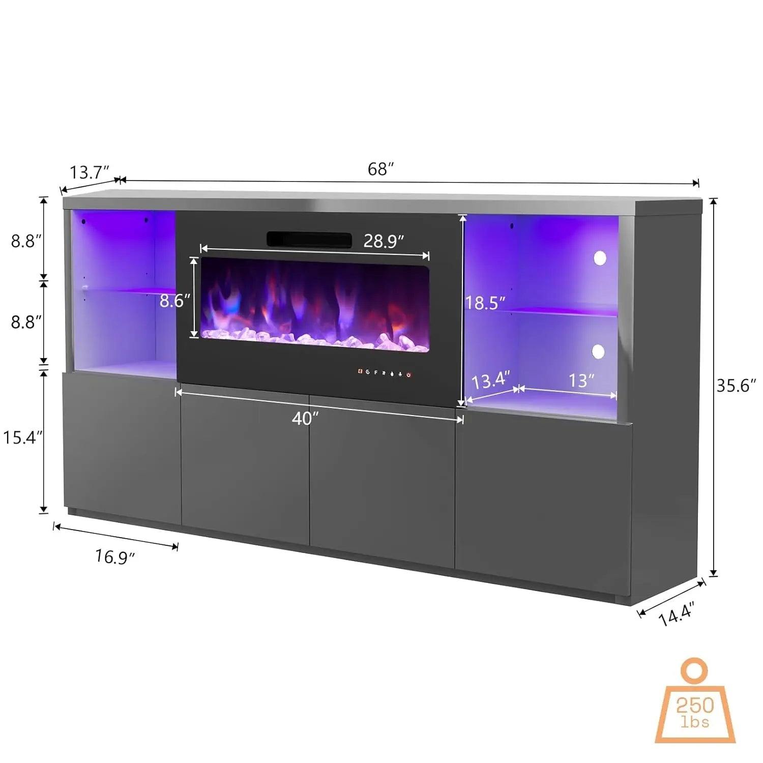 68" Modern High Gloss Fireplace TV Stand, Fireplace Entertainment Center with Fireplace & LED Lights for TVs up to 78", - Home surplus Home surplus 14:10Grey;200007763:201336106