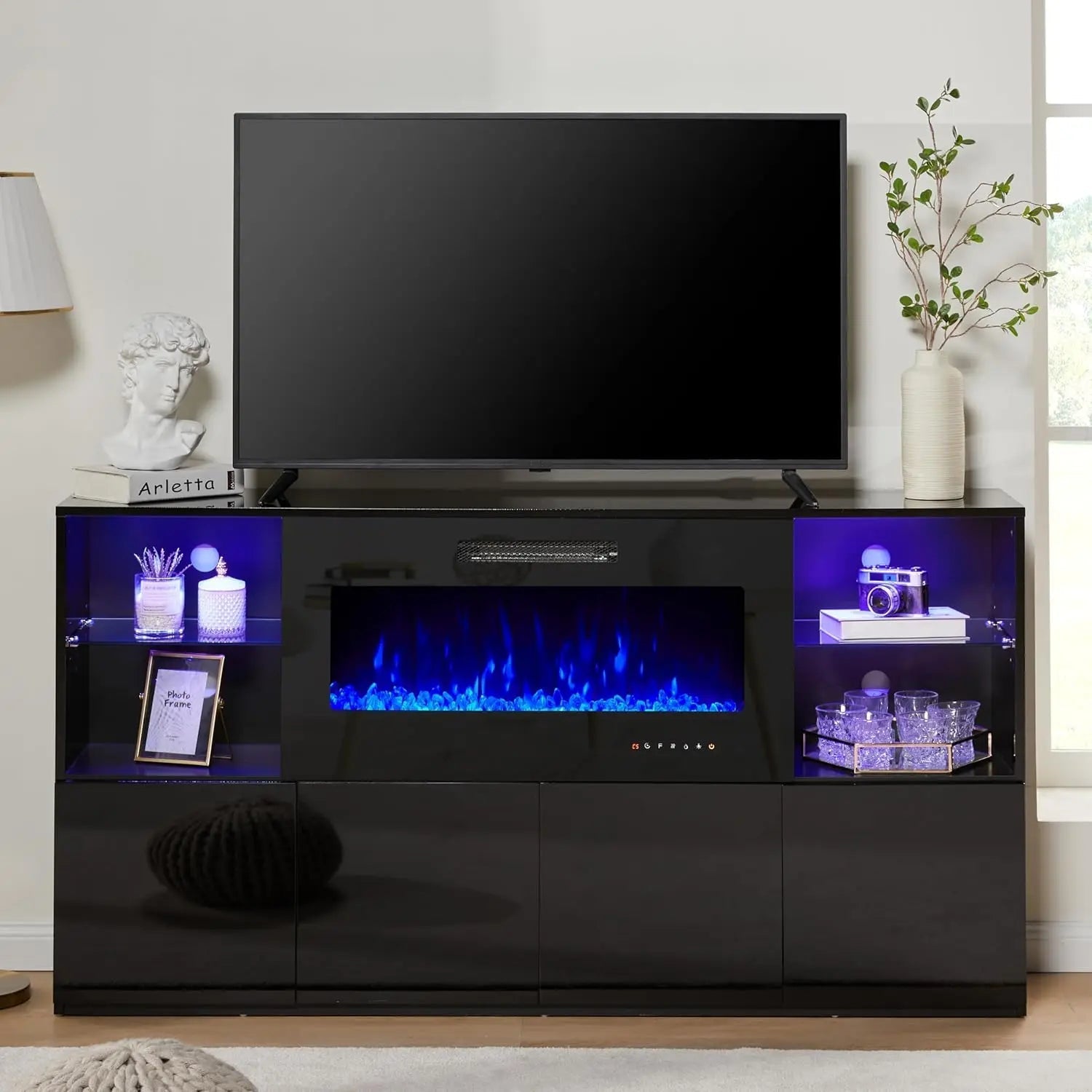 68" Modern High Gloss Fireplace TV Stand, Fireplace Entertainment Center with Fireplace & LED Lights for TVs up to 78", - Home surplus Home surplus 14:29Black;200007763:201336106