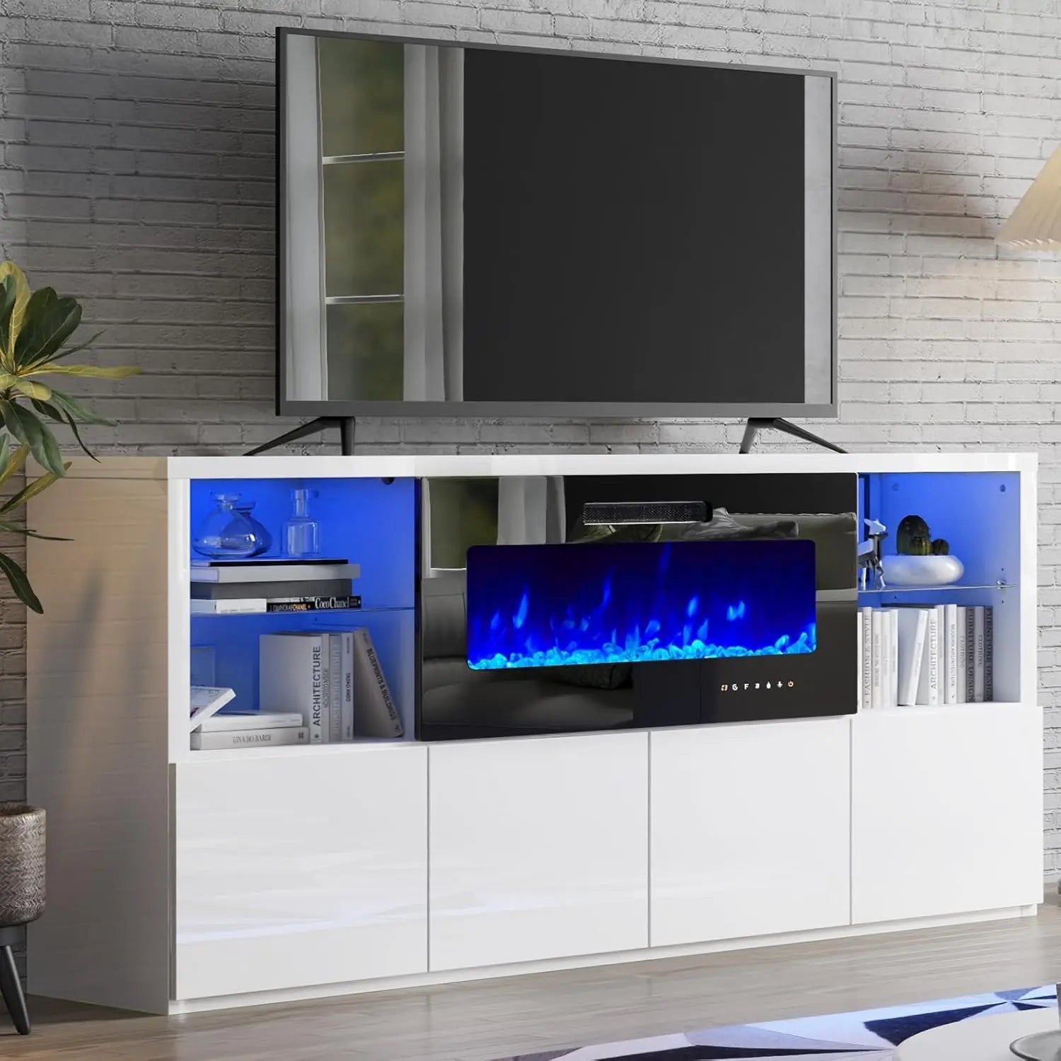 68" Modern High Gloss Fireplace TV Stand, Fireplace Entertainment Center with Fireplace & LED Lights for TVs up to 78", - Home surplus Home surplus 14:175White   Black;200007763:201336106