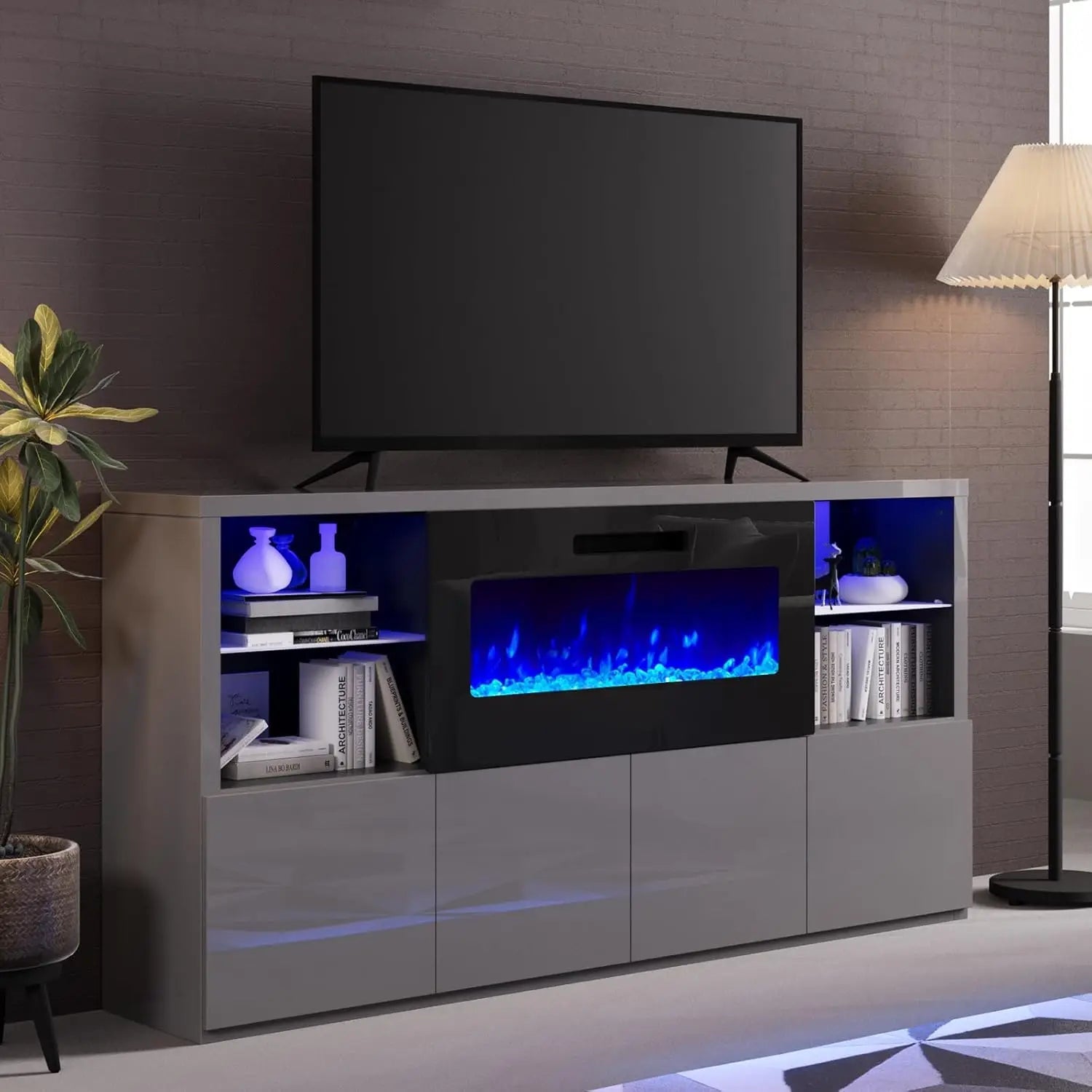 68" Modern High Gloss Fireplace TV Stand, Fireplace Entertainment Center with Fireplace & LED Lights for TVs up to 78", - Home surplus Home surplus 14:10Grey;200007763:201336106