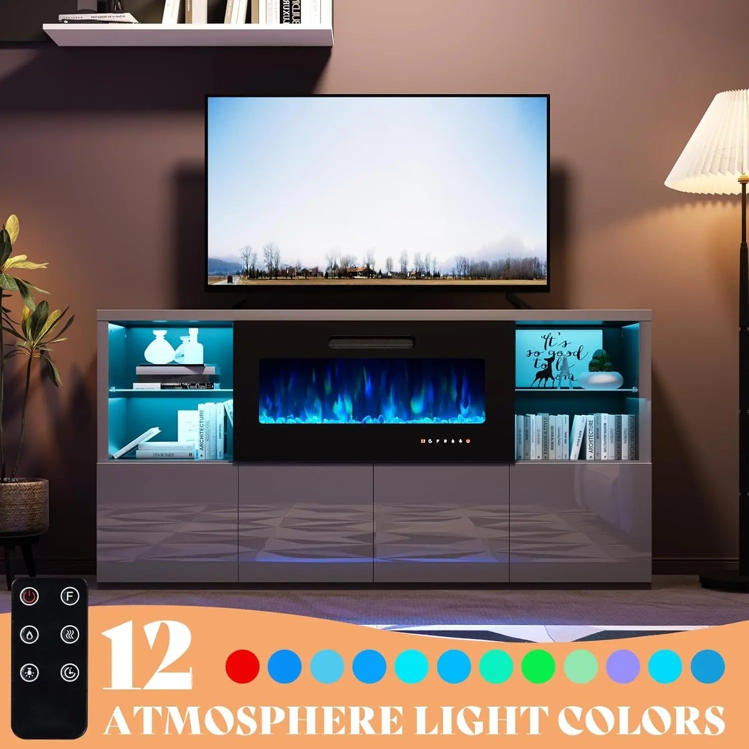68" Modern High Gloss Fireplace TV Stand, Fireplace Entertainment Center with Fireplace & LED Lights for TVs up to 78", - Home surplus Home surplus 14:10Grey;200007763:201336106