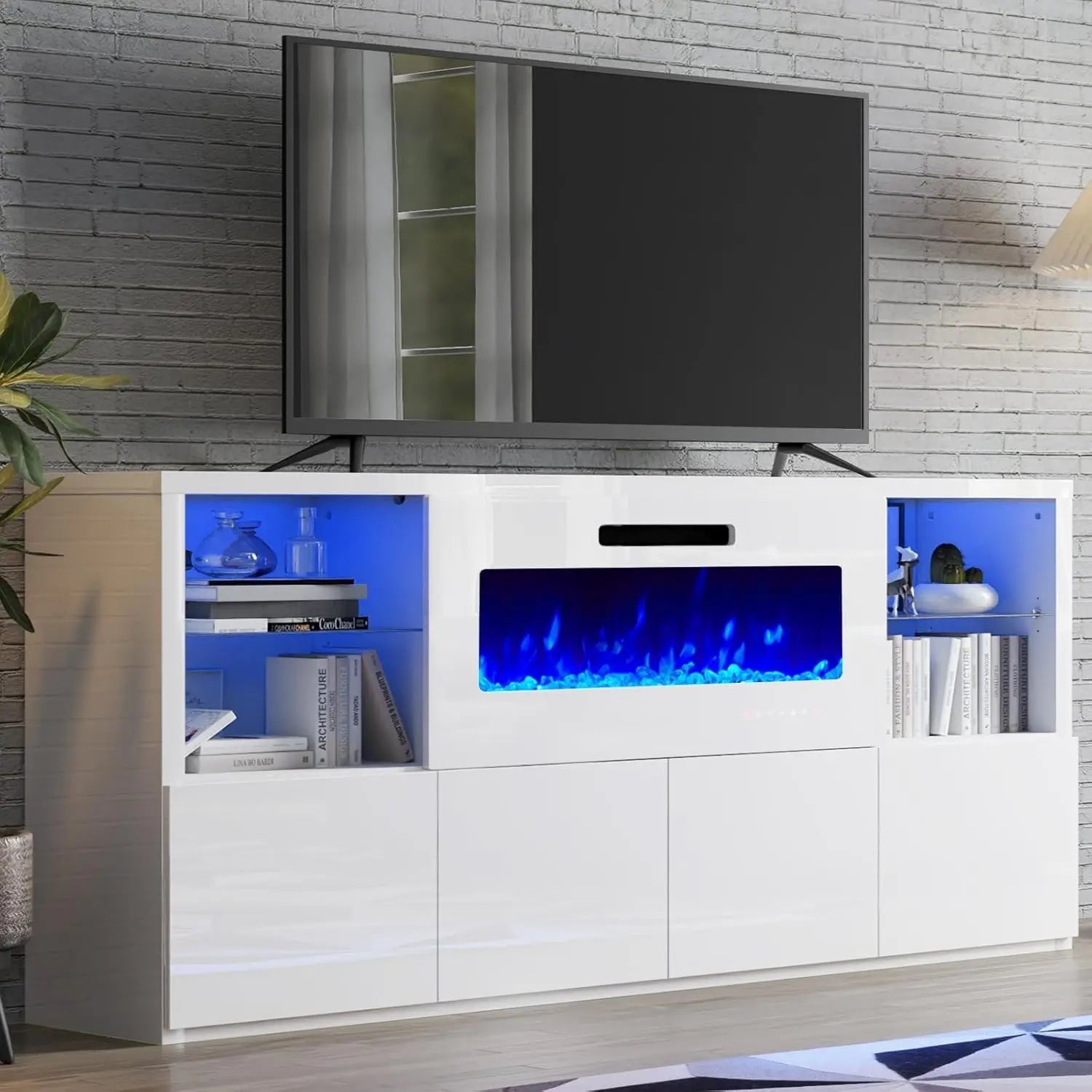 68" Modern High Gloss Fireplace TV Stand, Fireplace Entertainment Center with Fireplace & LED Lights for TVs up to 78", - Home surplus Home surplus 14:173White;200007763:201336106