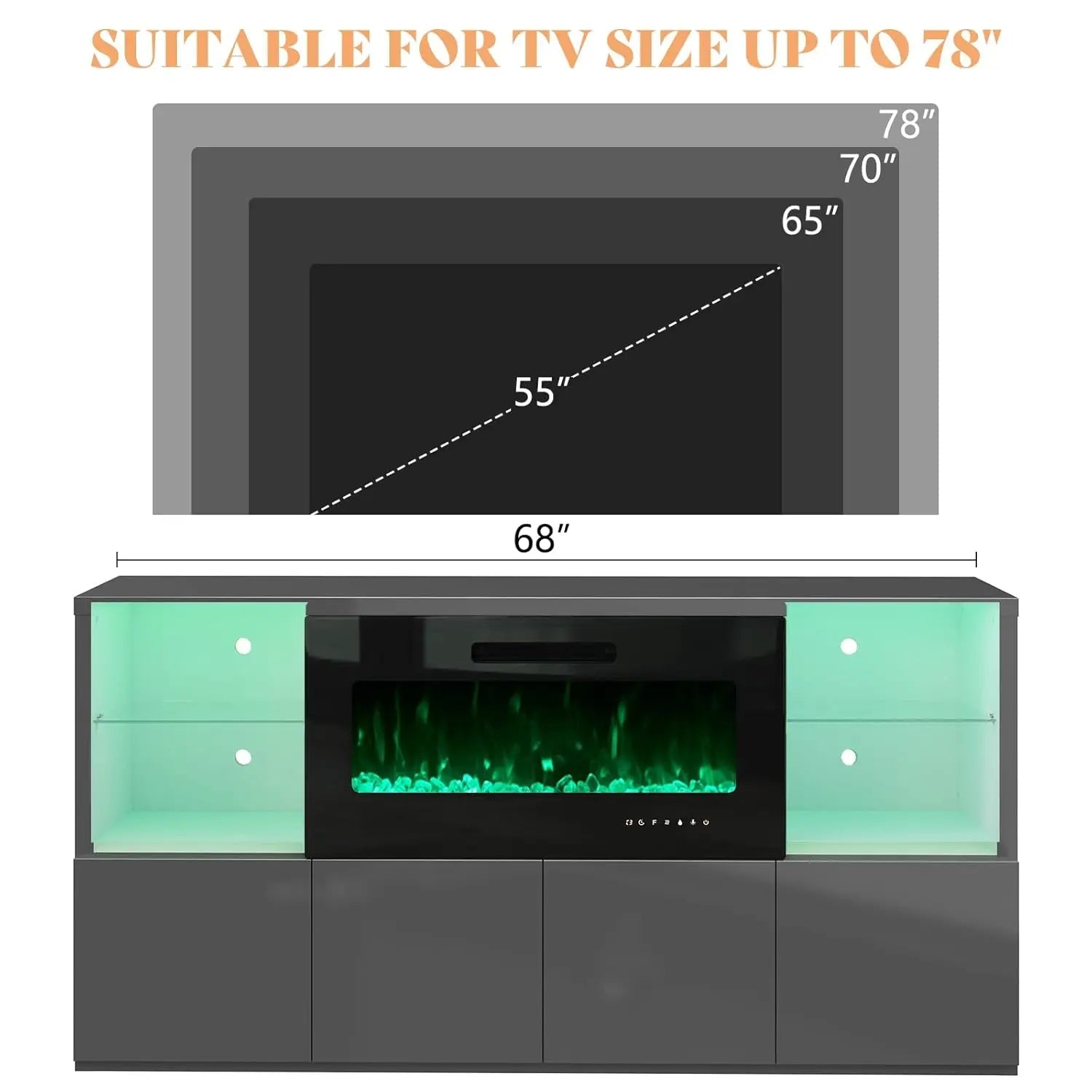 68" Modern High Gloss Fireplace TV Stand, Fireplace Entertainment Center with Fireplace & LED Lights for TVs up to 78", - Home surplus Home surplus 14:10Grey;200007763:201336106