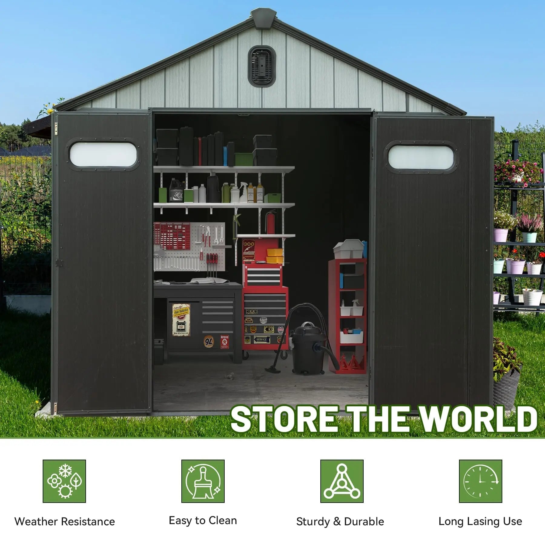 6x6FT Resin Outdoor Storage Shed With Lockable Door Waterproof Outside Sheds With Windows & Vents for Patio and Back Yard - Home surplus Home surplus 191284008:365891Sheds & Storage
