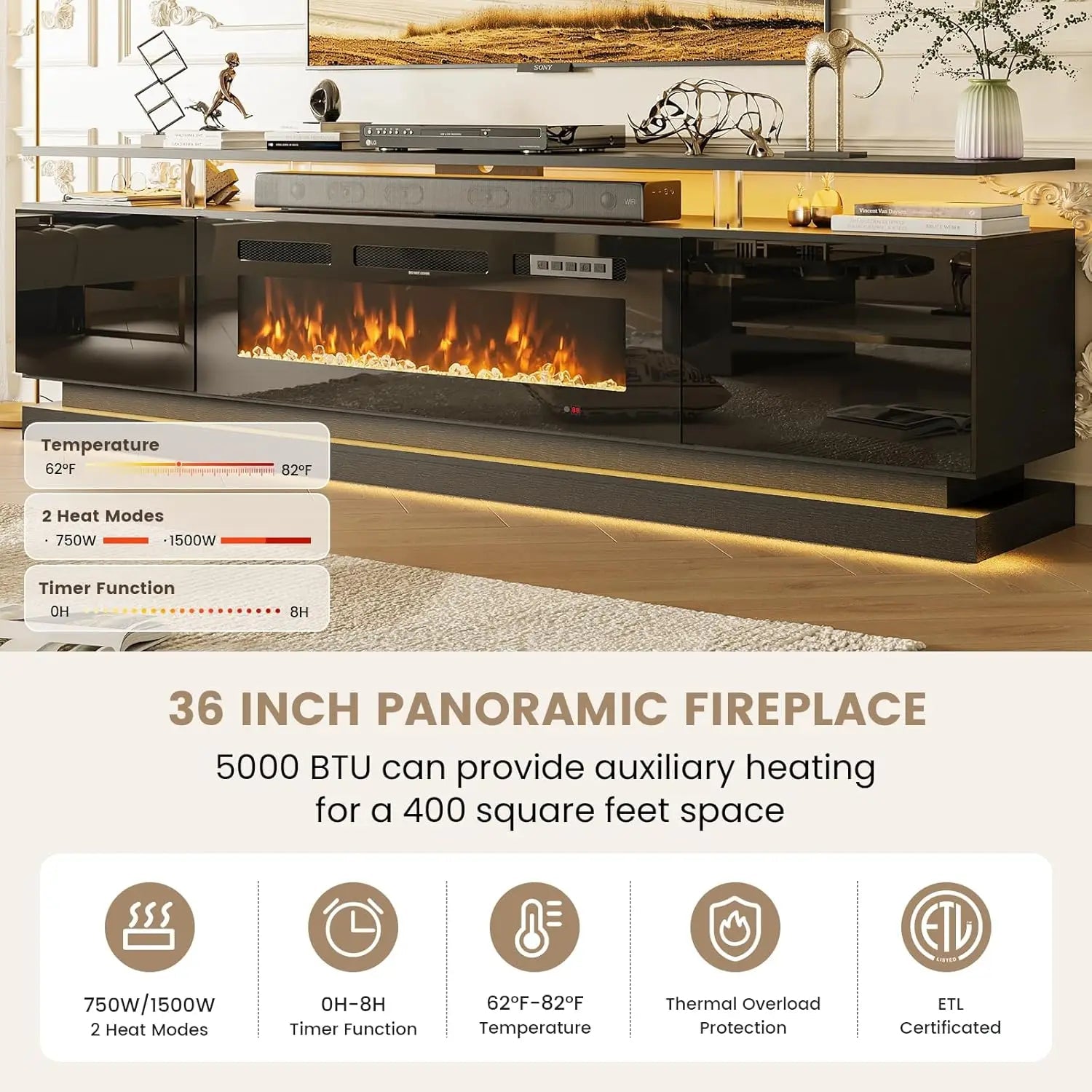 70' Modern Fireplace TV Stand, Black Media Console with Storage for TVs Up to 80', Living Room Entertainment Center - Home surplus Home surplus 14:10Black black;200007763:201336106