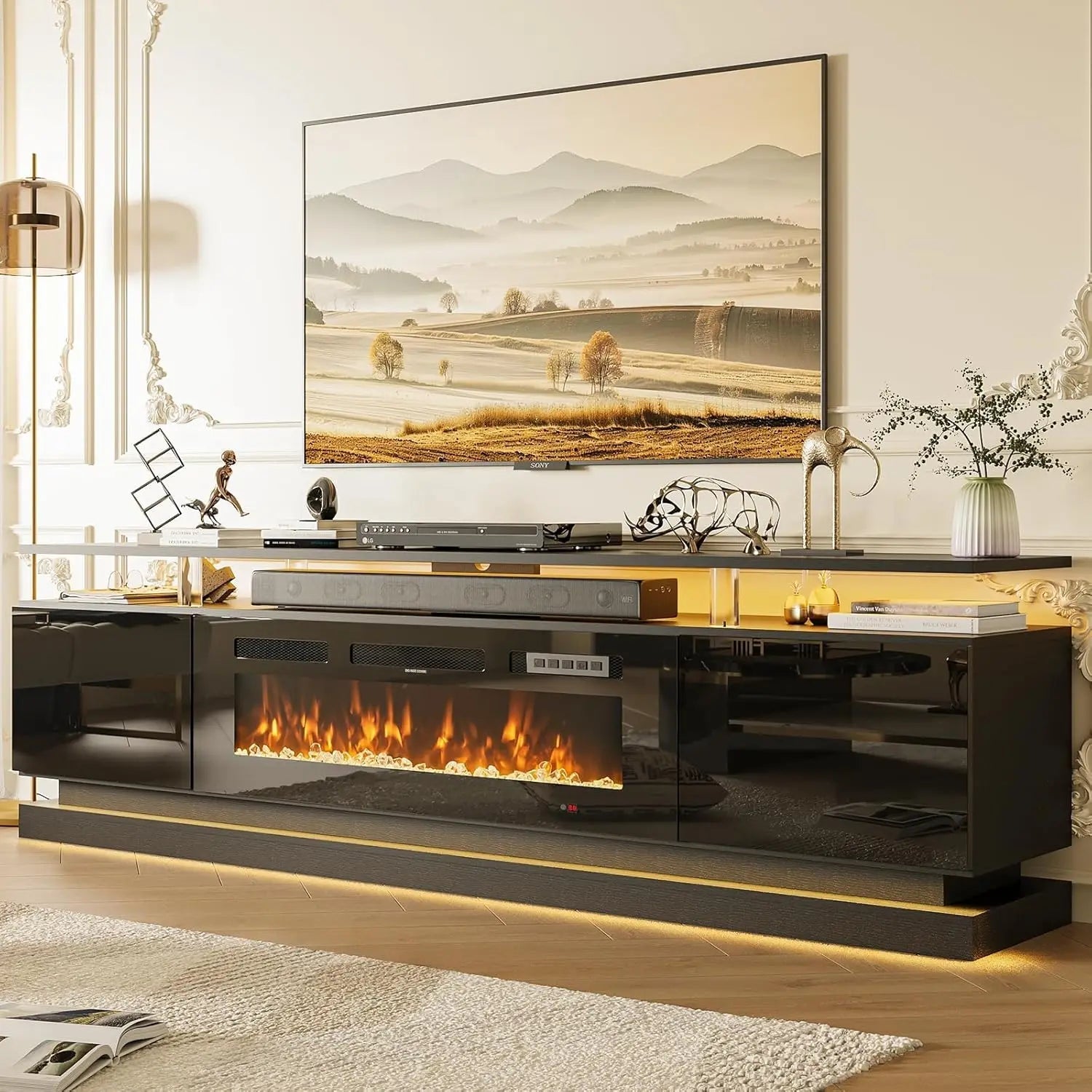 70' Modern Fireplace TV Stand, Black Media Console with Storage for TVs Up to 80', Living Room Entertainment Center - Home surplus Home surplus 14:10Black black;200007763:201336106