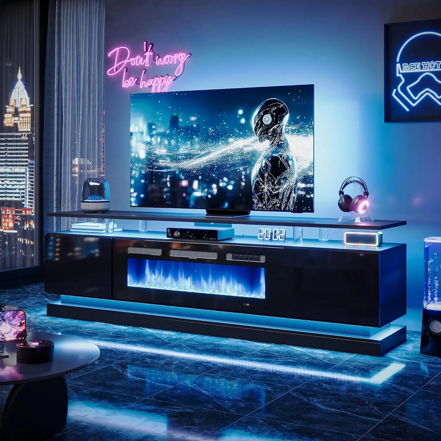 70' Modern Fireplace TV Stand, Black Media Console with Storage for TVs Up to 80', Living Room Entertainment Center - Home surplus Home surplus 14:10Black black;200007763:201336106