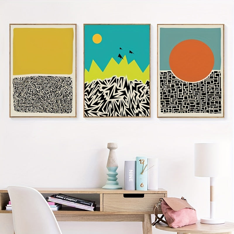 3pcs Modern Abstract Color Blocks Line Poster - Vibrant Geometric Print Canvas Wall Art for Living Room Decor - No Frame, Easy to Hang, High-Quality Print, Modern Home Decoration