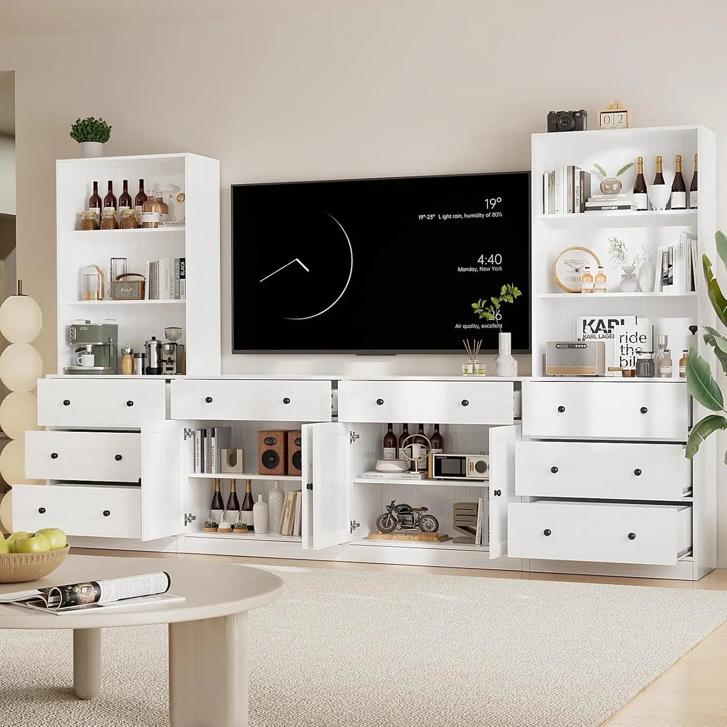 4-Piece Large TV Stand with Bookshelves for TVs up to 75", TV Entertainment Center Media Center with Tempered Glass Doors and Sh Home surplus