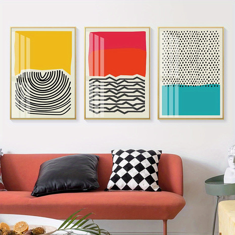 3pcs Modern Abstract Color Blocks Line Poster - Vibrant Geometric Print Canvas Wall Art for Living Room Decor - No Frame, Easy to Hang, High-Quality Print, Modern Home Decoration