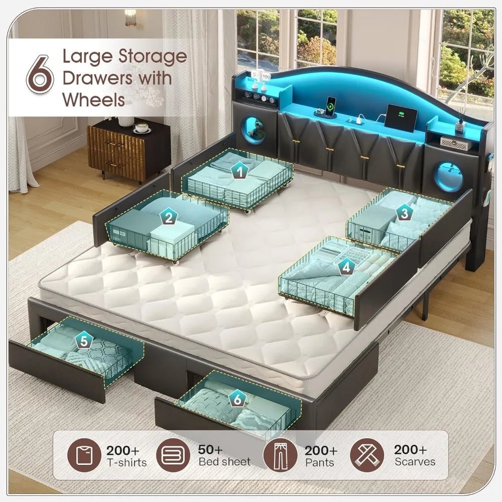 California King Bed Frames, Cal King Bed Frame with Storage Headboard & 6 Drawers, Platform Bed with with LED Lights & Charging - Home surplus Home surplus 14:200844060Black;200007763:201336106