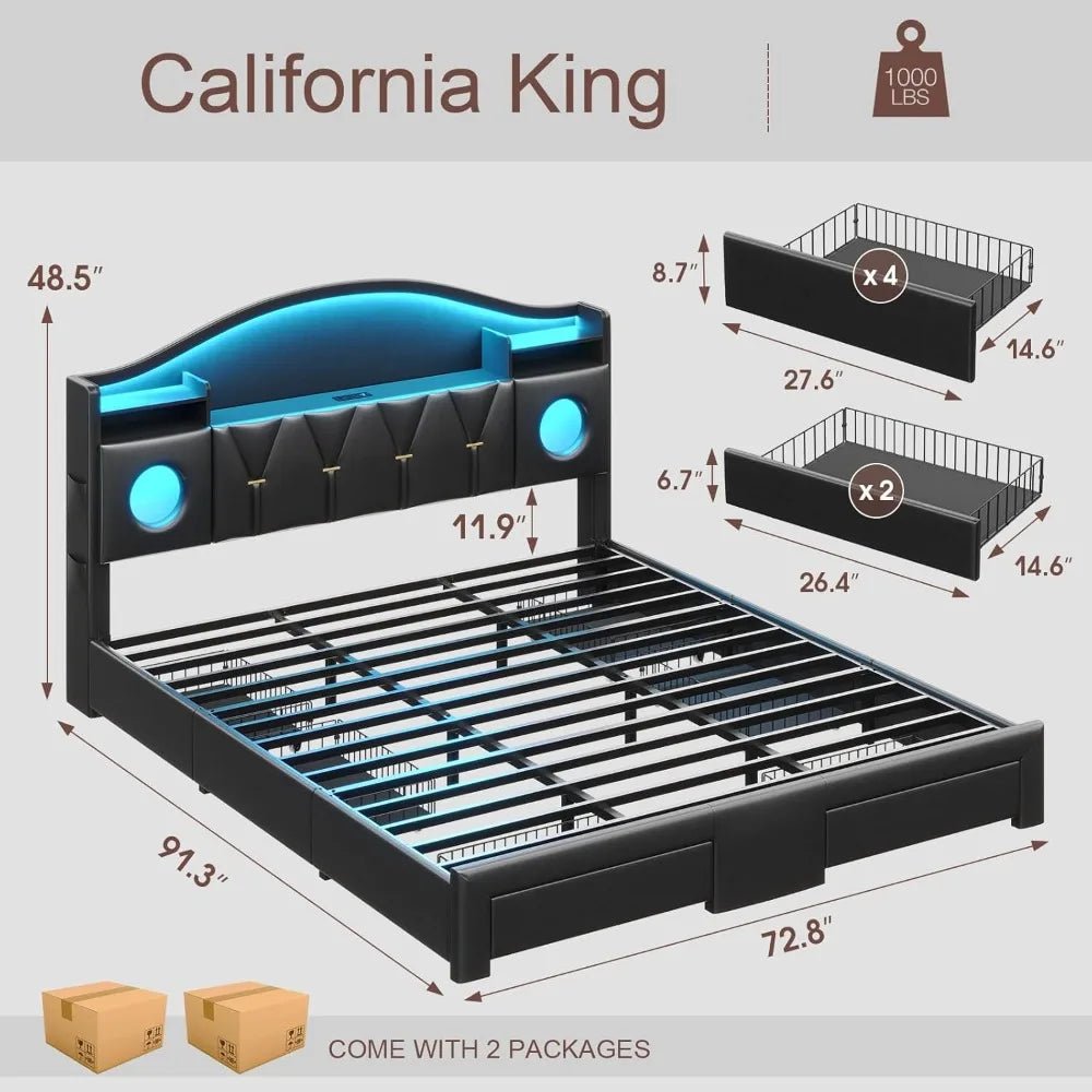 California King Bed Frames, Cal King Bed Frame with Storage Headboard & 6 Drawers, Platform Bed with with LED Lights & Charging - Home surplus Home surplus 14:200844060Black;200007763:201336106